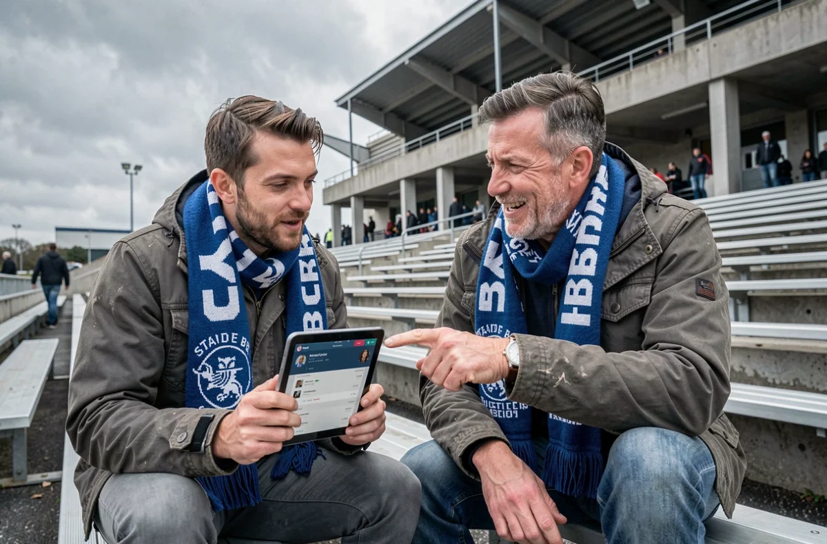 Deux fans du Stade Brestois 29 échangeant des infos sur un forum depuis une tablette devant le stade