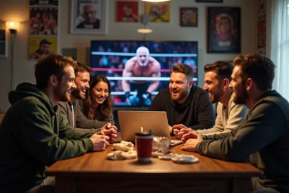 Fans de catch réagissant devant un ordinateur dans un salon