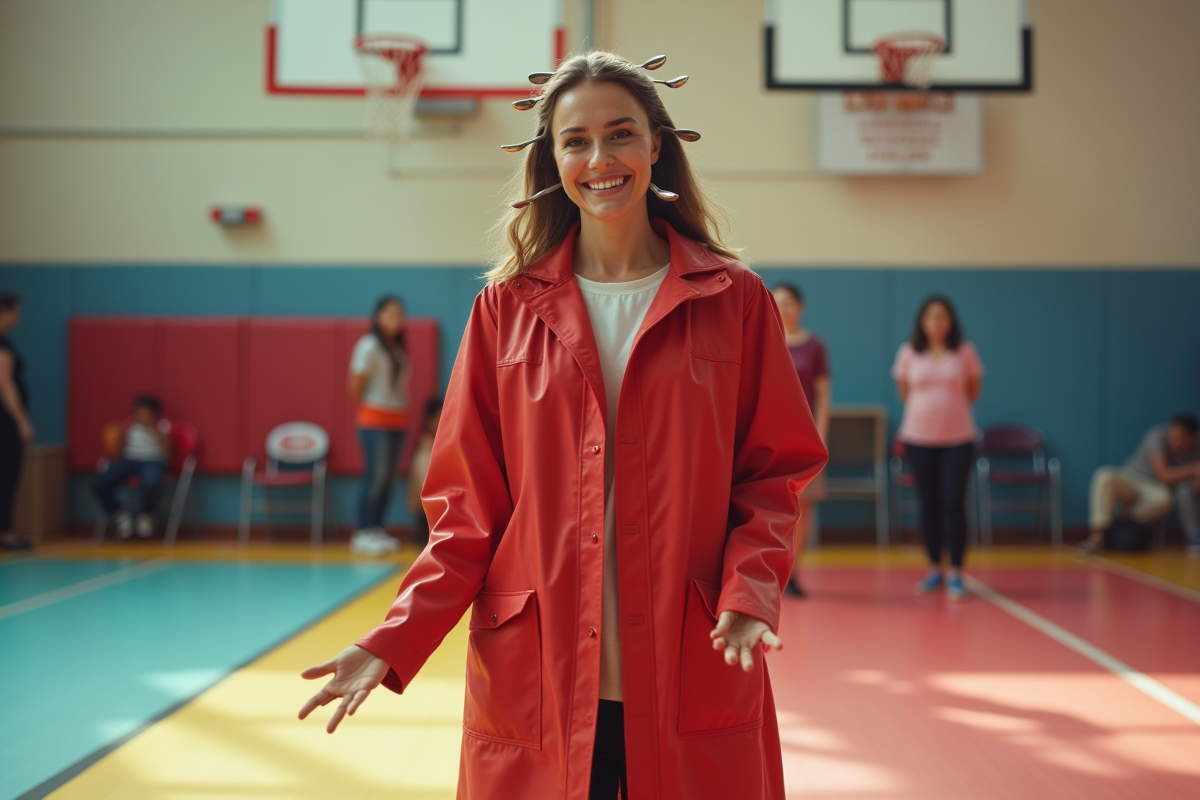 Femme en imperméable rouge tente de battre un record de cuillères sur le visage