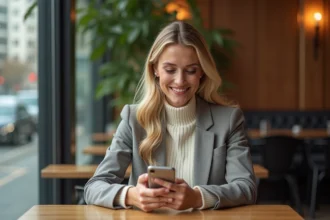 Femme élégante dans un café moderne avec smartphone