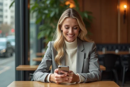 Femme élégante dans un café moderne avec smartphone