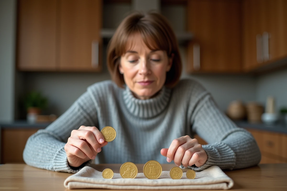 Femme inspectant des pièces de 2 euros commémoratives Jeux Olympiques 2026 posées sur une table de cuisine