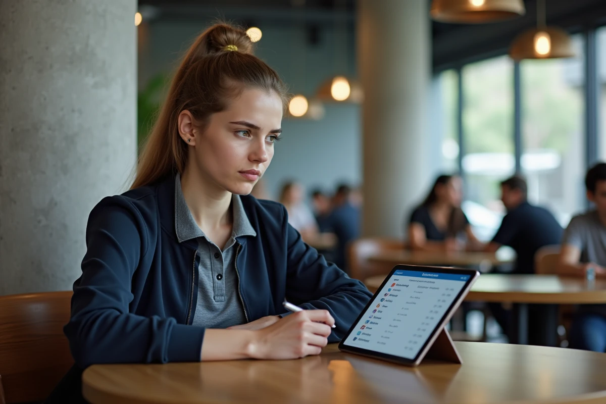 Femme consultant un classement de tournoi sur tablette pour optimiser ses gains en points