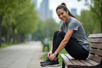 Femme souriante en tenue de sport dans un parc urbain