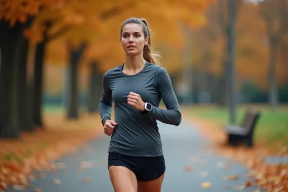 Femme qui court en parc urbain en automne avec une montre GPS affichant son allure en min/km