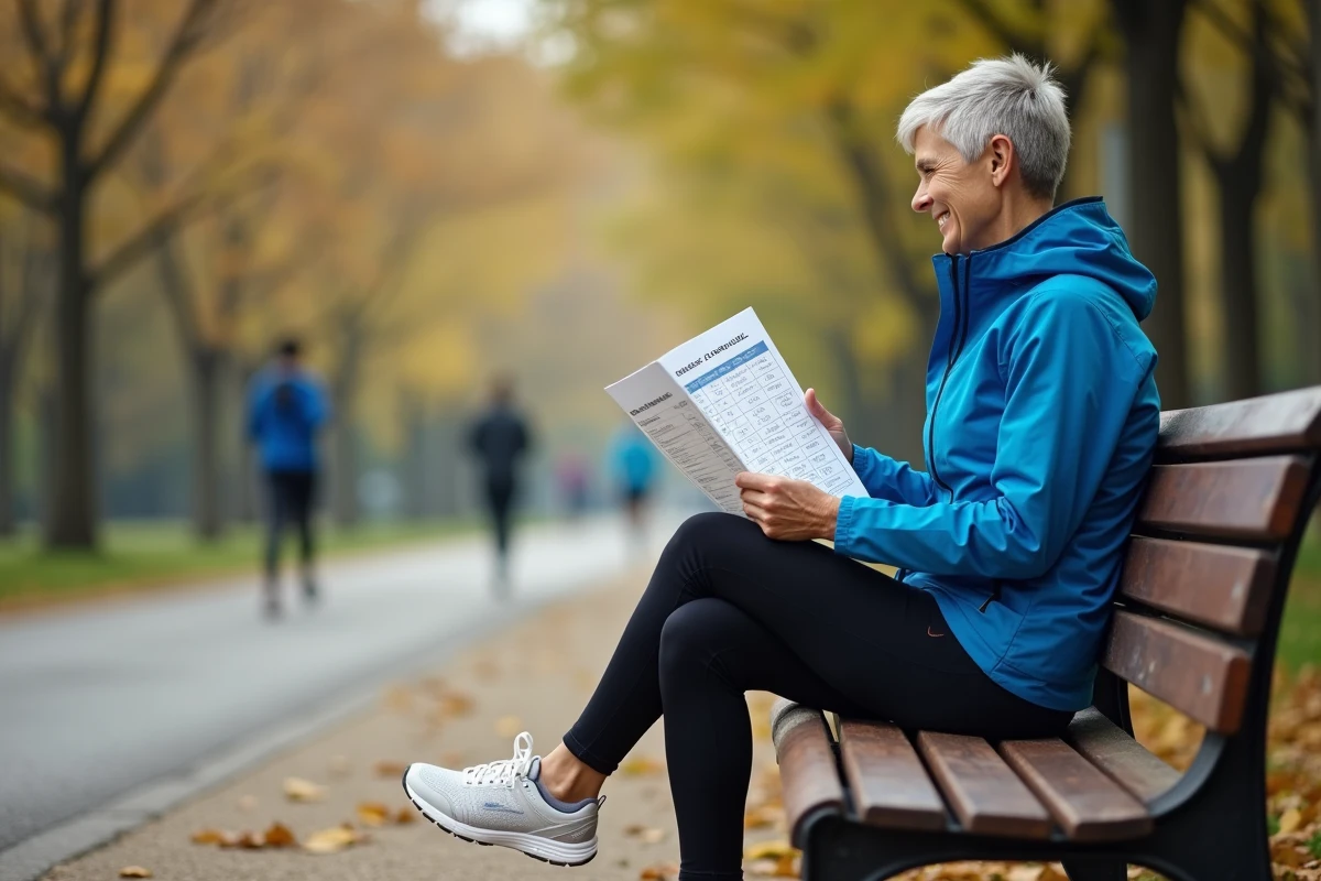 Femme courante reposant avec tableau de pacing dans un parc