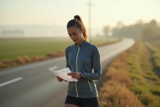 Femme en course vérifiant son graphique de rythme en plein air