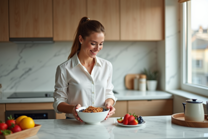 Femme souriante préparant un bol de granola et fruits frais