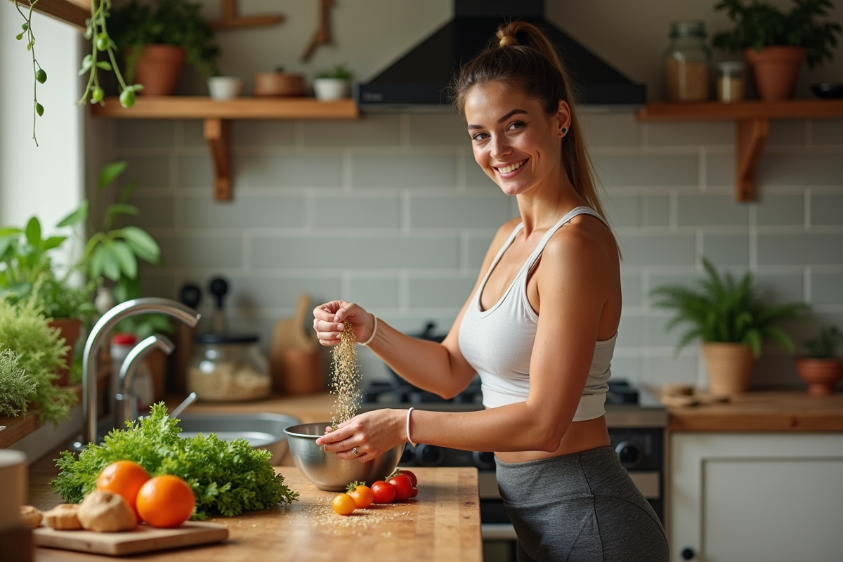 Femme végétarienne préparant un repas sain dans la cuisine