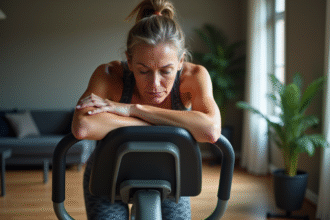 Femme d'âge moyen en tenue de sport se reposant sur un elliptique dans une salle moderne