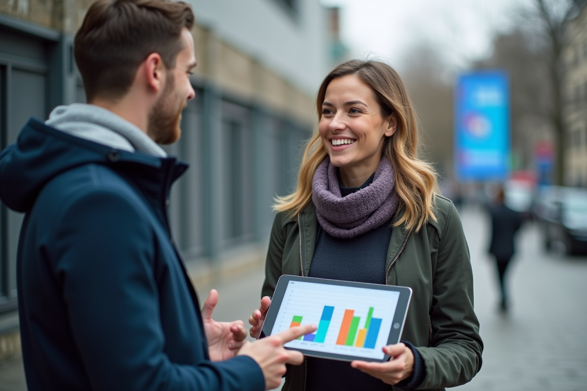 Femme responsable marketing sportive discutant près stade urbain