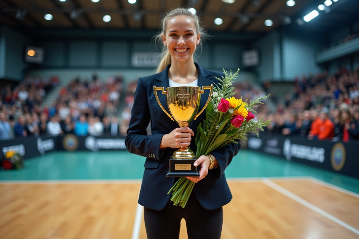Femme souriante avec trophée et fleurs en intérieur