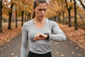 Femme en tenue de running qui personnalise les paramètres de conversion pas en km sur sa montre connectée en plein air