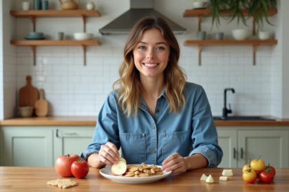 Jeune femme arrangeant des snacks sains dans la cuisine moderne