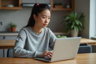Jeune femme en tenue de sport regarde un contrat de gym sur son ordinateur