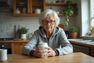 Femme senior examine un pot de proteine dans la cuisine chaleureuse