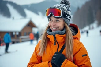 Femme souriante ajustant son pass de ski à Les Menuires