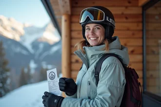 Jeune femme souriante en ski devant un resort alpin