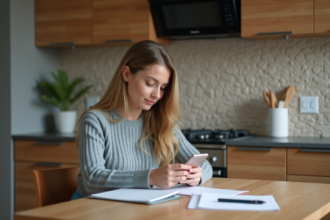 Femme en cuisine utilisant son smartphone pour un article