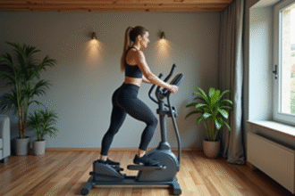 Femme sportive utilisant un elliptique dans un gym maison moderne
