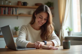 Femme souriante avec tracker d'activité dans une cuisine lumineuse