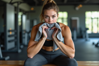 Jeune femme sportive se reposant dans une salle de sport moderne