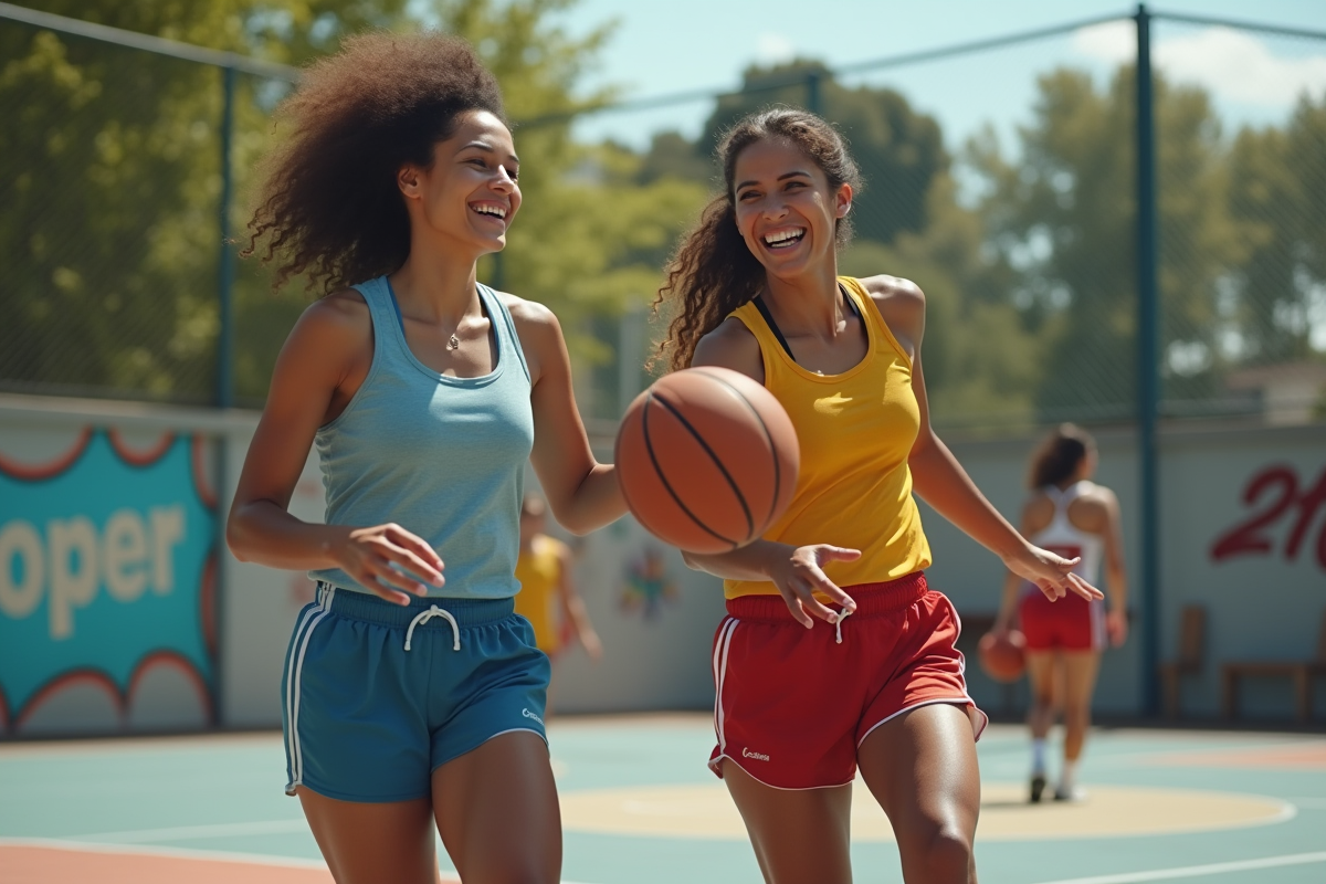 Deux femmes jouant au basketball en extérieur en action