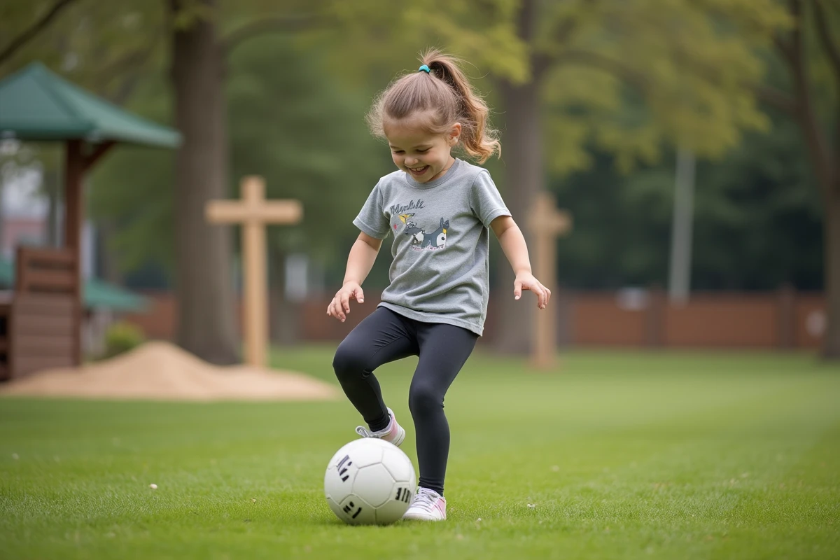Fille de trois ans en tenue sportive joue au soccer en plein air