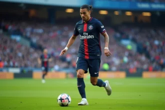 Footballeur parisien dribblant sur le terrain du Parc des Princes