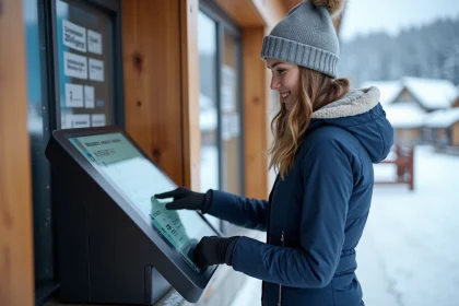 Skieuse achetant son forfait aux Sept Laux sur une borne automatique sans faire la queue