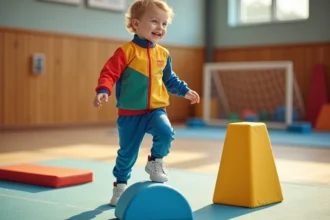 Garçon de trois ans en tenue colorée joue dans une salle de sport