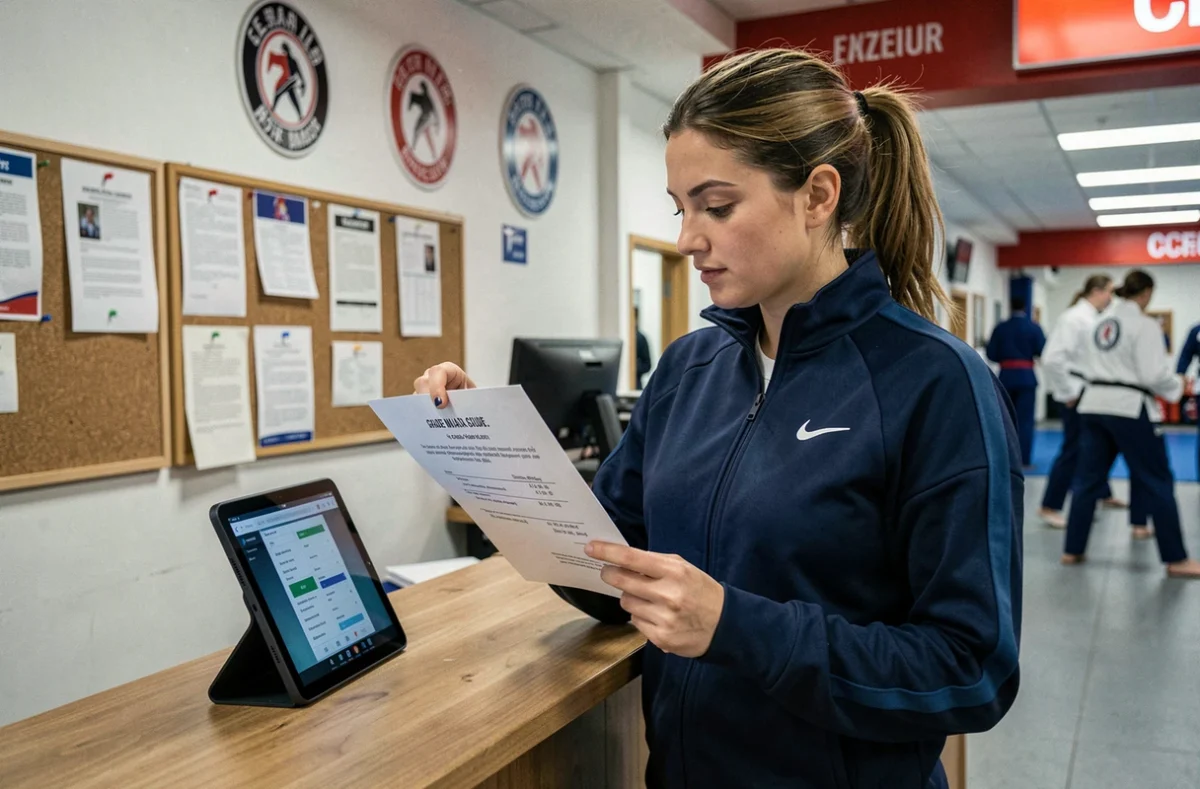Responsable de club de judo gérant les grades de judokas sur une tablette à l'accueil d'une salle de sport
