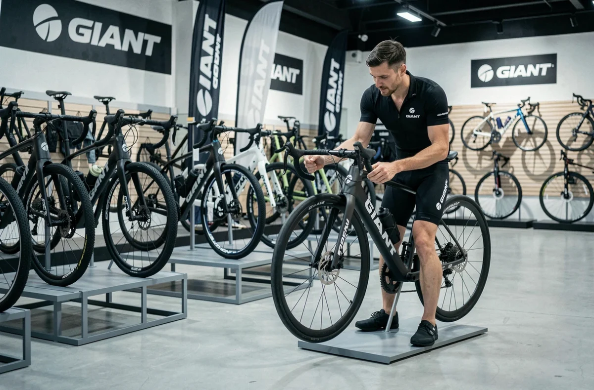 Showroom Giant Velocity avec des vélos de route et VTT exposés et un cycliste examinant un vélo carbone