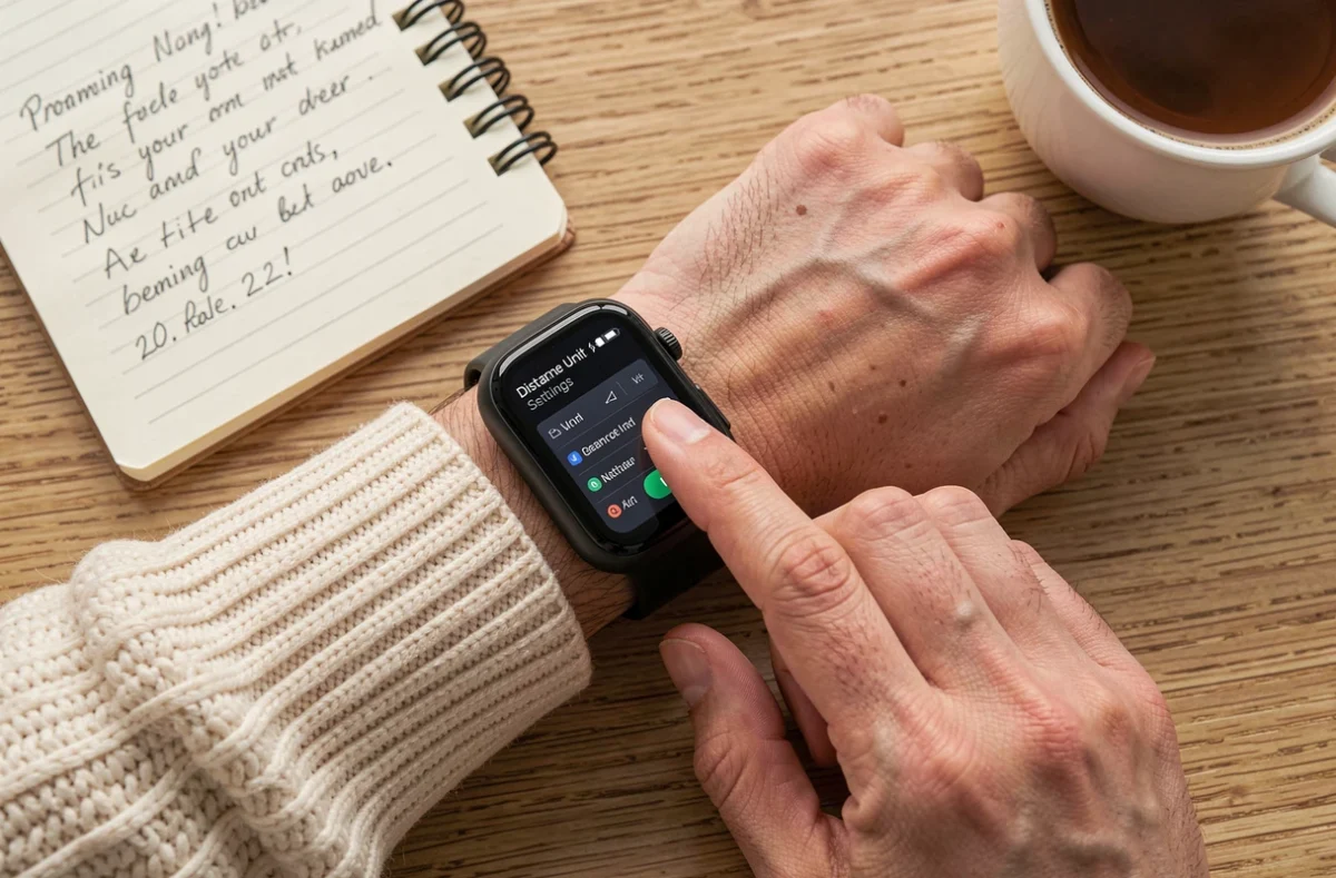 Gros plan sur une montre connectée affichant le menu de réglage des unités de distance pour convertir les pas en kilomètres