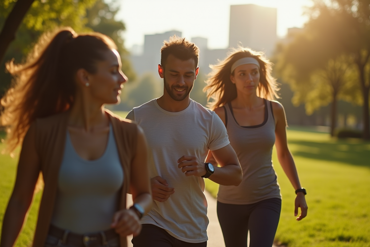 Groupe de personnes utilisant des montres connectees en parc urbain