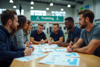 Groupe d'adultes sportifs discutant autour d'une table en salle de sport