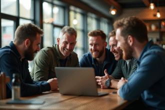Fans de rugby discutant dans un café moderne