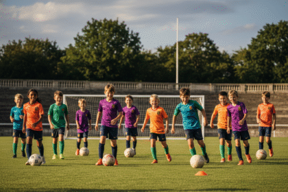 Groupe de jeunes en entraînement de football en extérieur