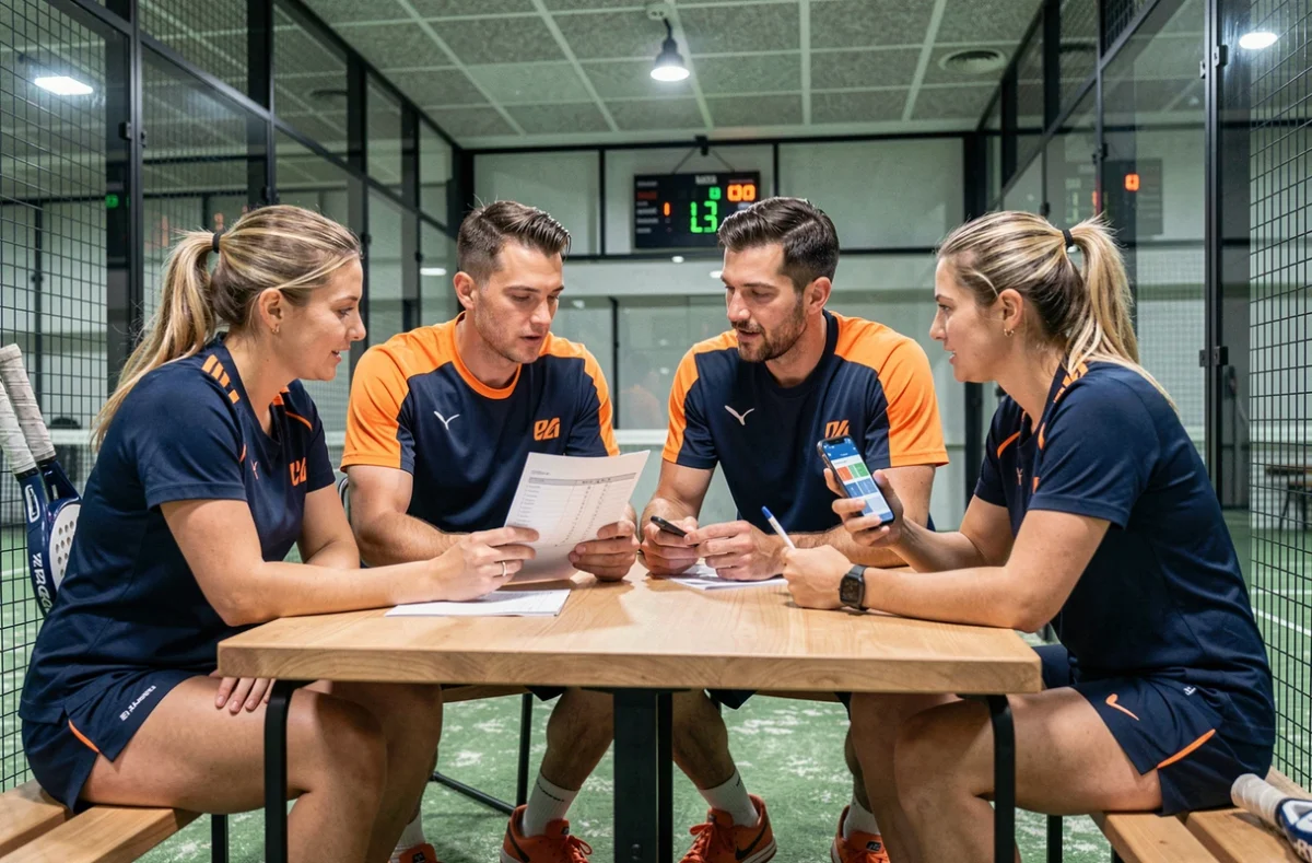 Groupe de joueurs de padel analysant un tableau de tournoi et une feuille de score après un match, stratégie pour optimiser les points P100