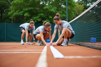 Groupe de quatre adultes mesurant un terrain de tennis en extérieur