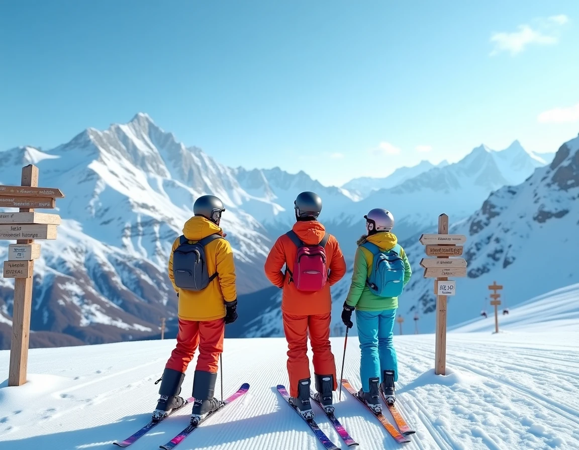 Groupe de skieurs au sommet du domaine des Deux Alpes observant l'étendue du domaine skiable élargi