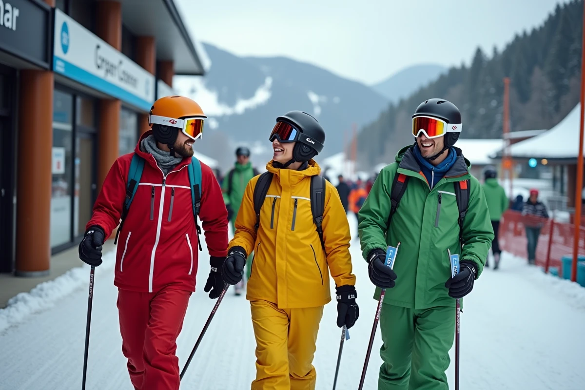 Groupe de skieurs passant devant les caisses sans attente grâce à leur forfait préacheté aux Sept Laux