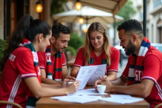 Groupe de supporters de football dans un café en extérieur