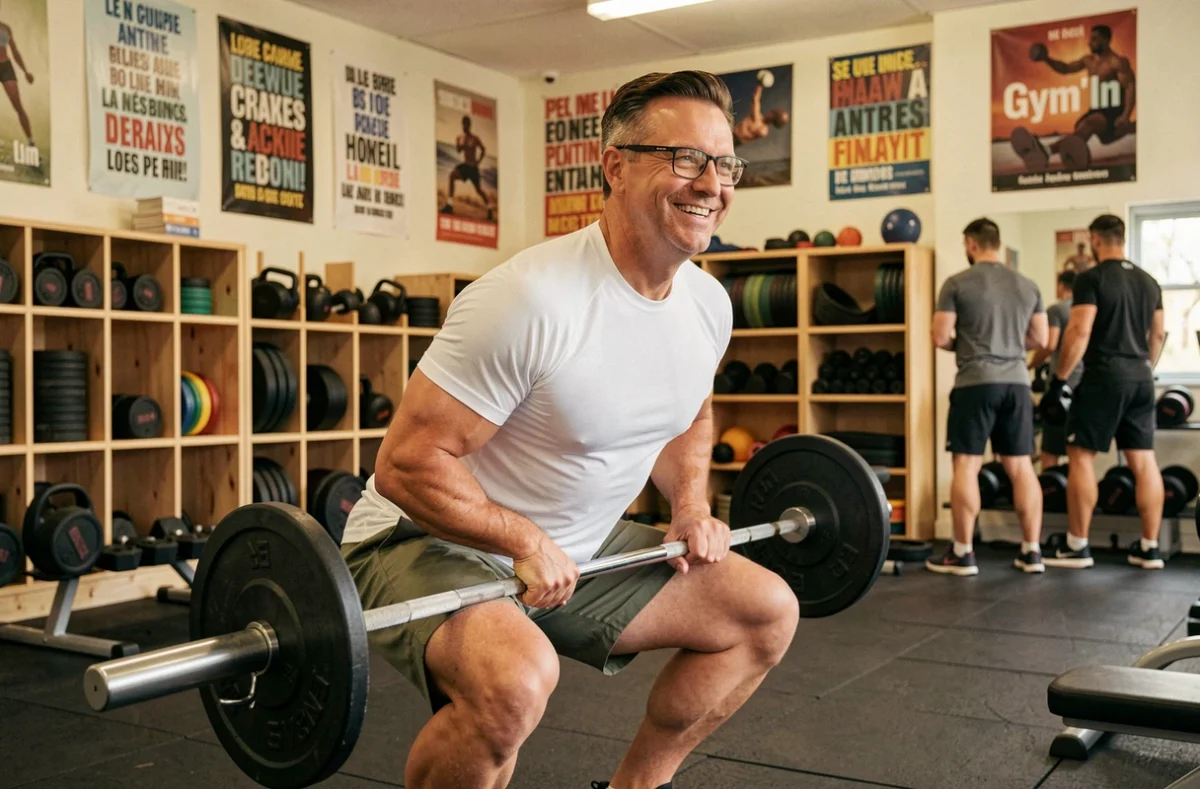 Homme effectuant un squat avec barre dans la salle Gym'In, ambiance conviviale et communautaire