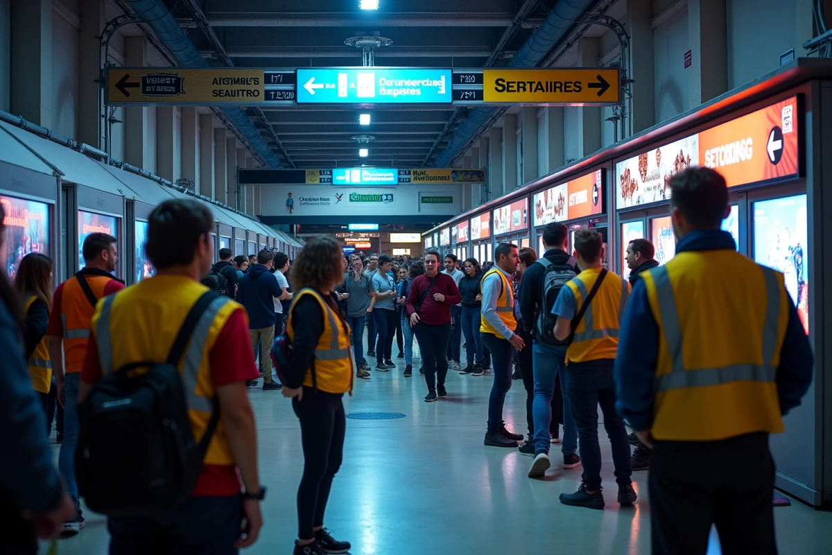 Hall d'entrée animé d'une salle parisienne avec des spectateurs en file pour accéder à un événement WWE, signalétique et stands de merchandising visibles
