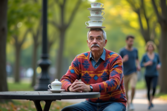 Homme d'âge moyen avec moustache portant un pull coloré équilibre des tasses