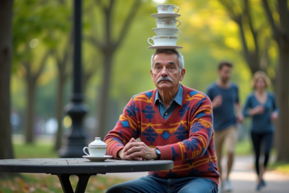 Homme d'âge moyen avec moustache portant un pull coloré équilibre des tasses