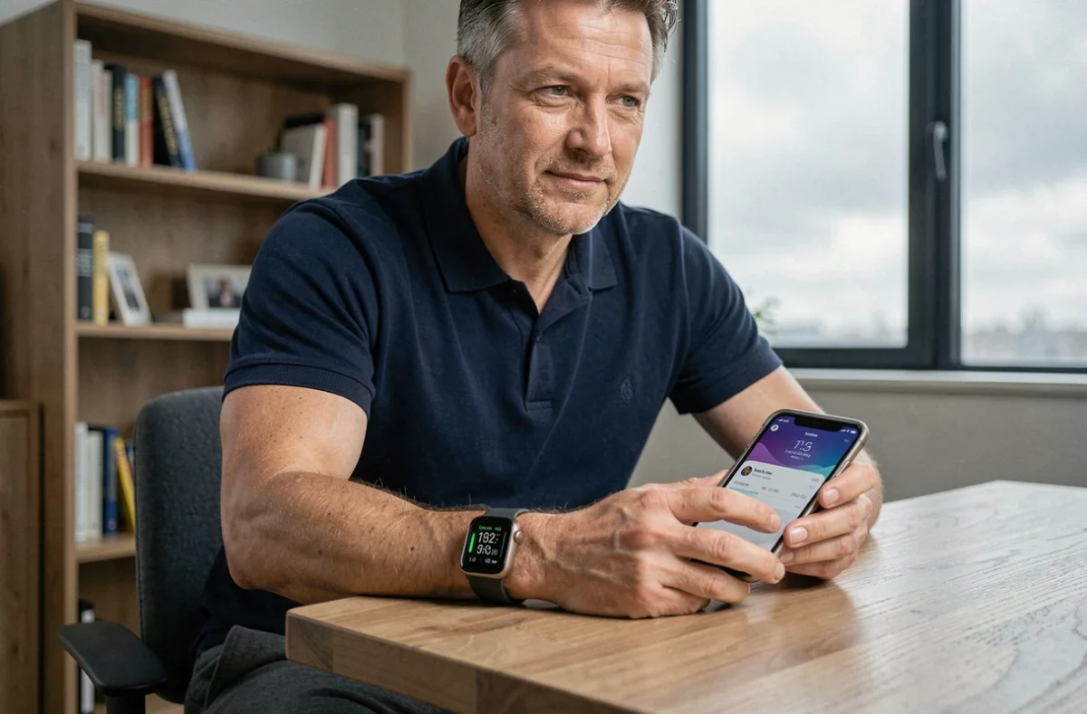 Homme consultant son smartphone et sa montre connectée pour paramétrer la conversion de pas en kilomètres depuis son bureau à domicile