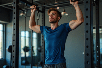Jeune homme en salle de sport prêt pour un pull-up