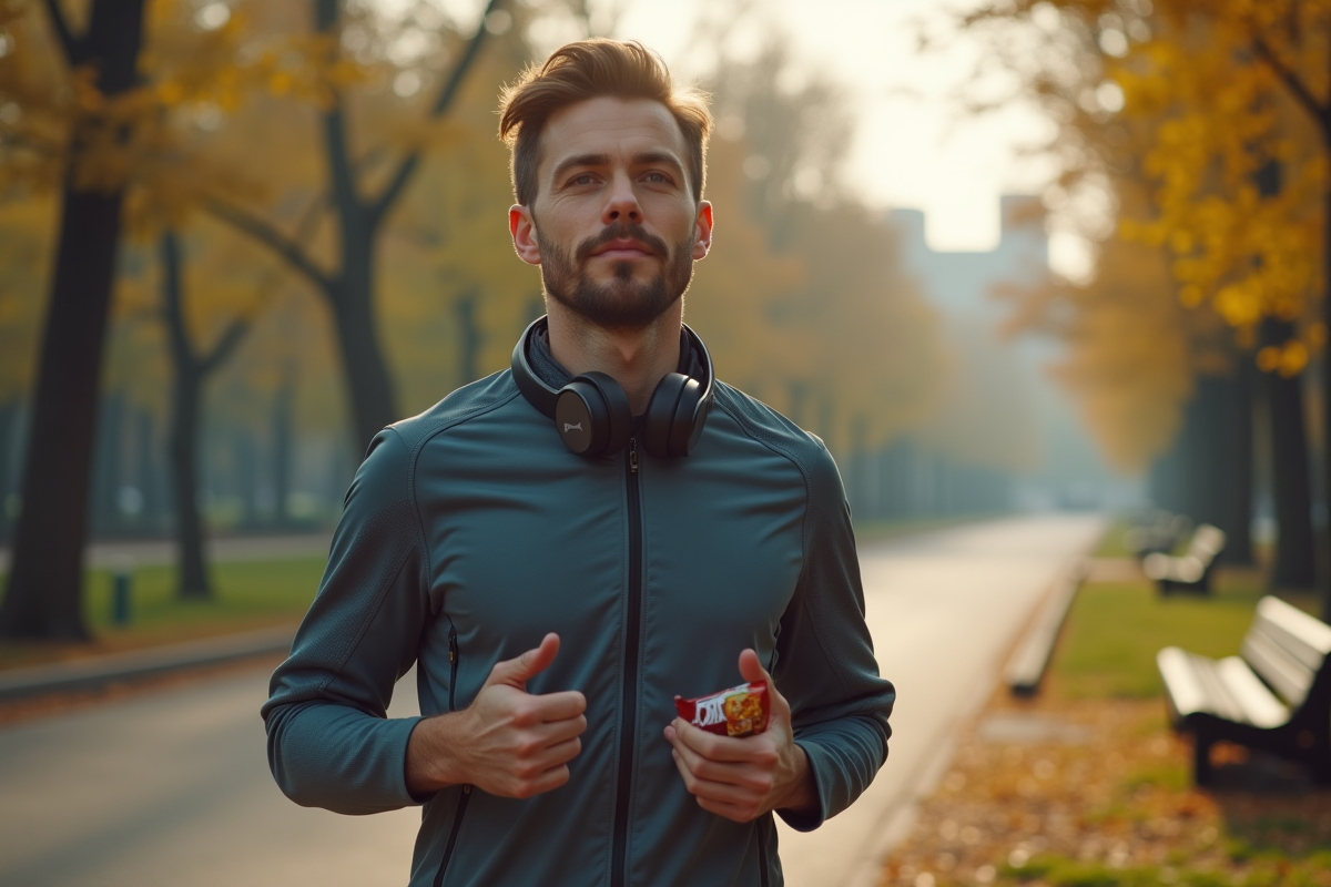 Jeune homme courant dans un parc urbain avec barre énergétique